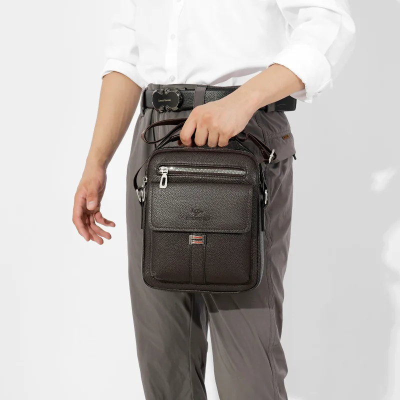 PU leather men's commuting single-shoulder bag with lychee pattern, vertical square hand-held travel crossbody bag