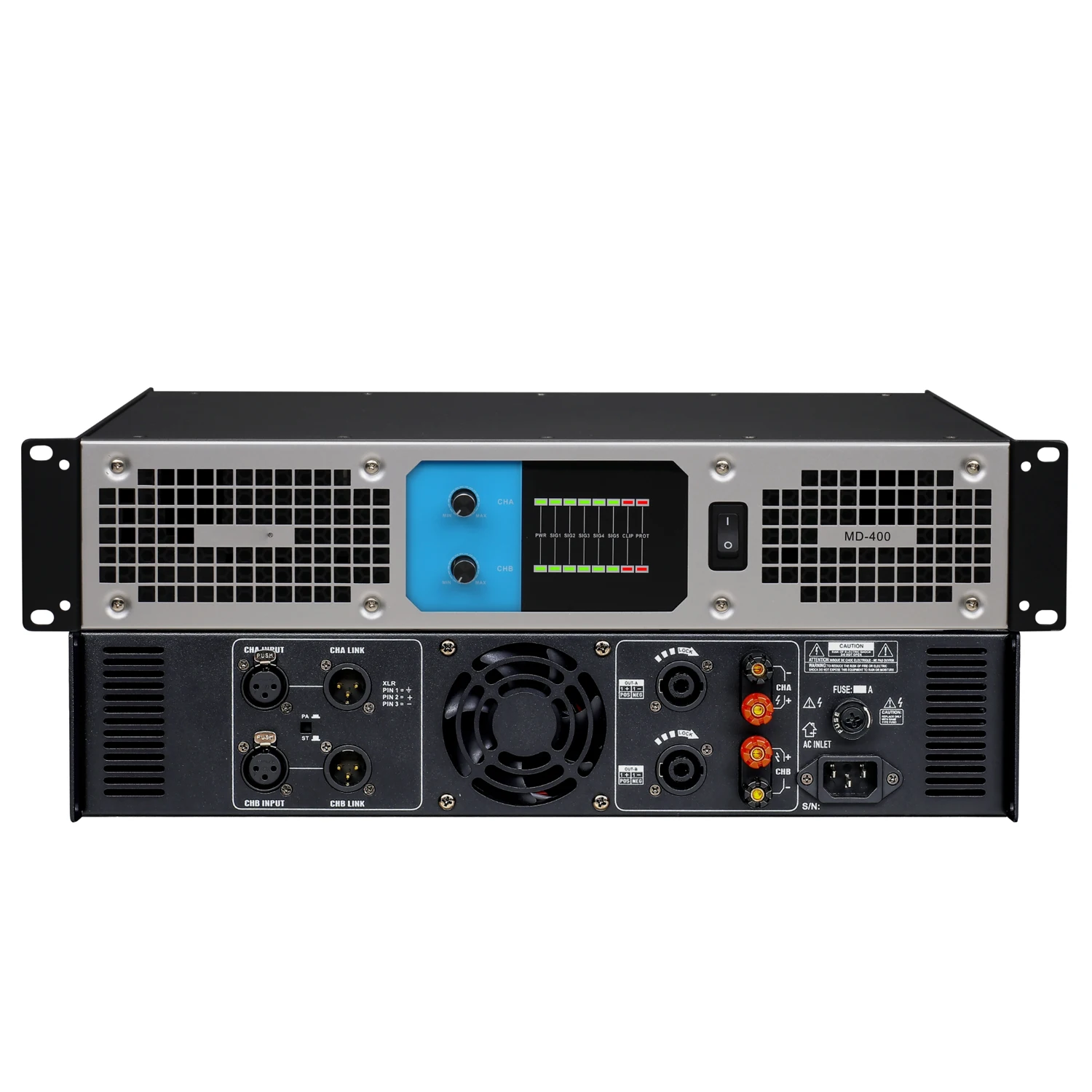 MD-400 2 Channel 2x400W Class D Power Amplifier 2U Rack Mount Professional High Efficiency Amp for Stage DJ KTV Live PA System