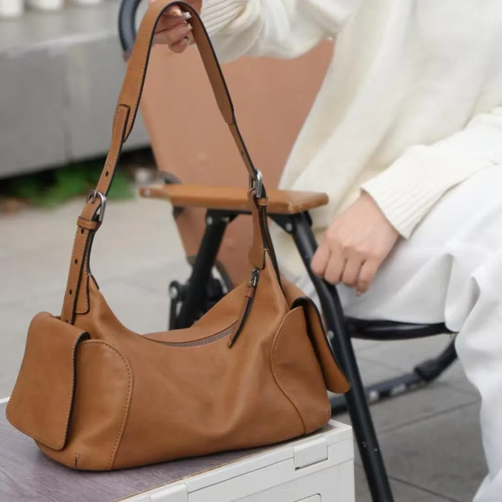 Shoulder Bag Vegetable Tanned Leather Crossbody Bag Casual Vintage Women Handbag Leather Large Capacity Tote Bag Toast Commuter