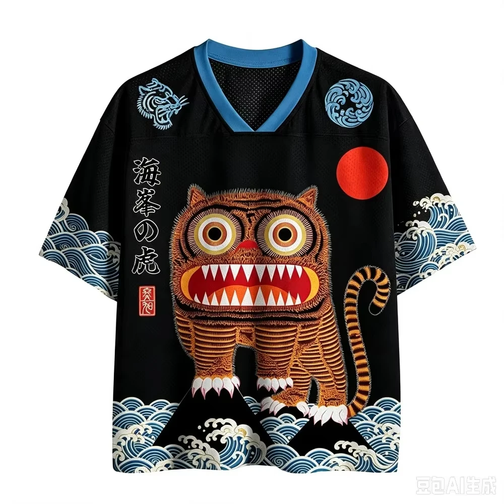 Ukiyo-e Tiger Wave Japanese Graphic Mesh Jersey V Neck Short Sleeve Loose Unisex Streetwear Sports Tee For Men Women