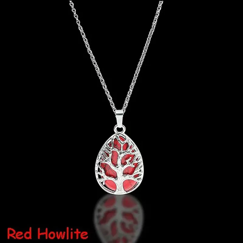 Tree of Life Natural Gemtone Crystal Amethyst Rose Quartz Tiger Eye Stone Water Drop Pendant Necklace for Women Men Jewelry