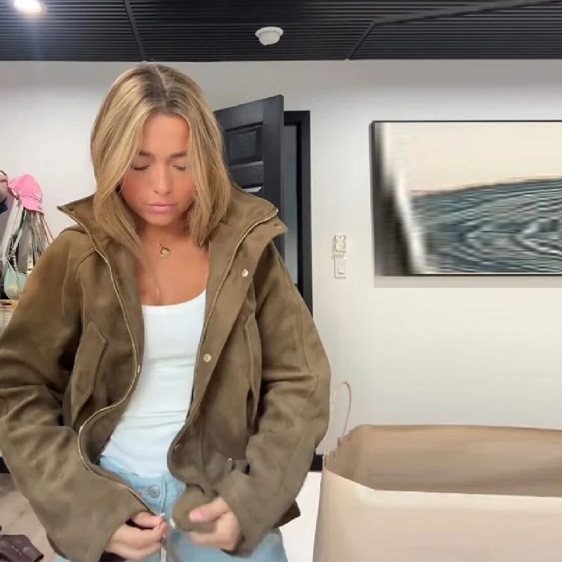 

Женская модная повседневная офисная короткая куртка в стиле ретро, осень-зима, пальто из искусственной замши с капюшоном, элегантная верхняя одежда с регулируемой талией и высоким воротником