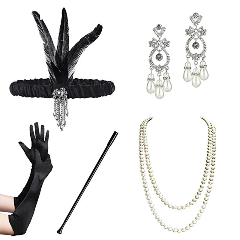 1Set Gatsby Fancy Dress Accessories Flapper 20'S Charleston Girl Costume 1920S Set Black