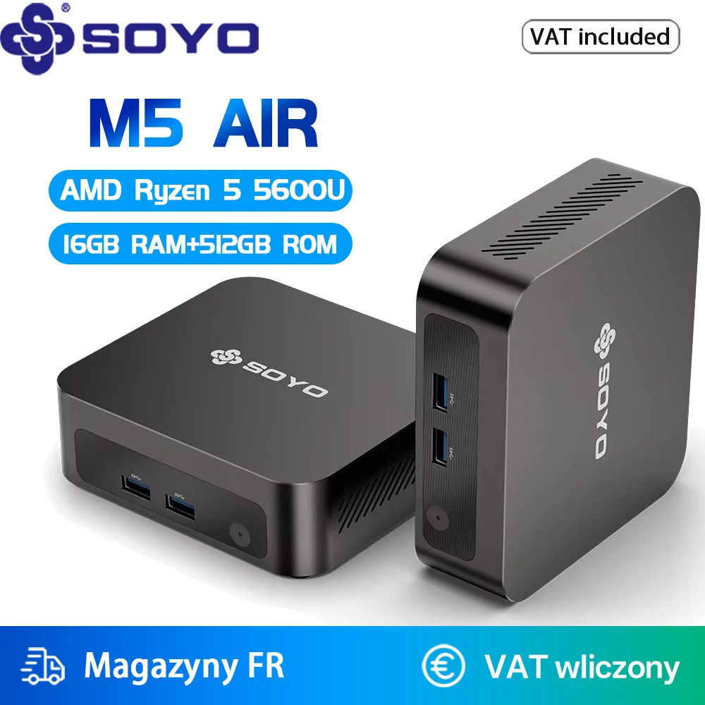 SOYO M5 AIR Mini PC AMD Ryzen 5 5600U CPU (do 4,2 GHz) DDR4 16 GB RAM 512 GB M.2 SSD 4K Triple Display WIF6/BT5.2 Mini komputery