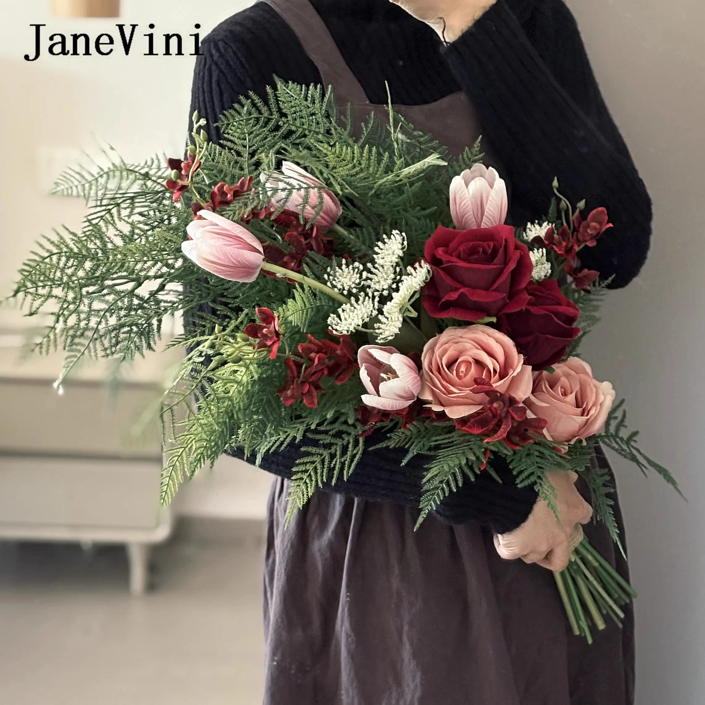 

Новый винтажный темно-красный искусственный букет цветов JaneVini для невесты, свадебная цветочная композиция, букет невесты Gelin Buketi