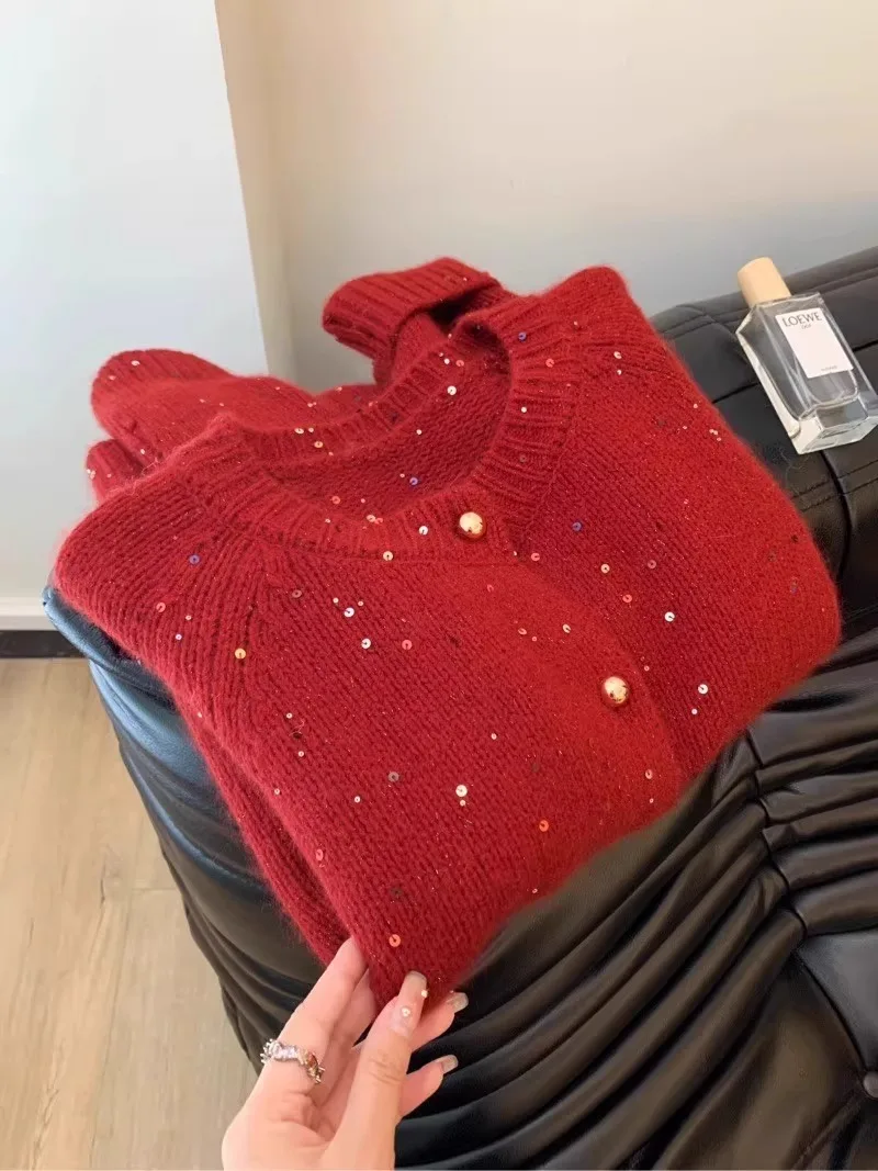 Red New Year Sequin Sweater For Women Round Collar Solid Color Knitted Cardigan Autumn Winter Casual Outerwear