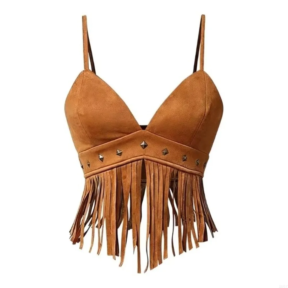 Vintage Faux Suede Women Crop Top V Neck Spaghetti Strap Camisole Top Tassel Trimmed Cowgirl Style Hippie Crop Top for Women
