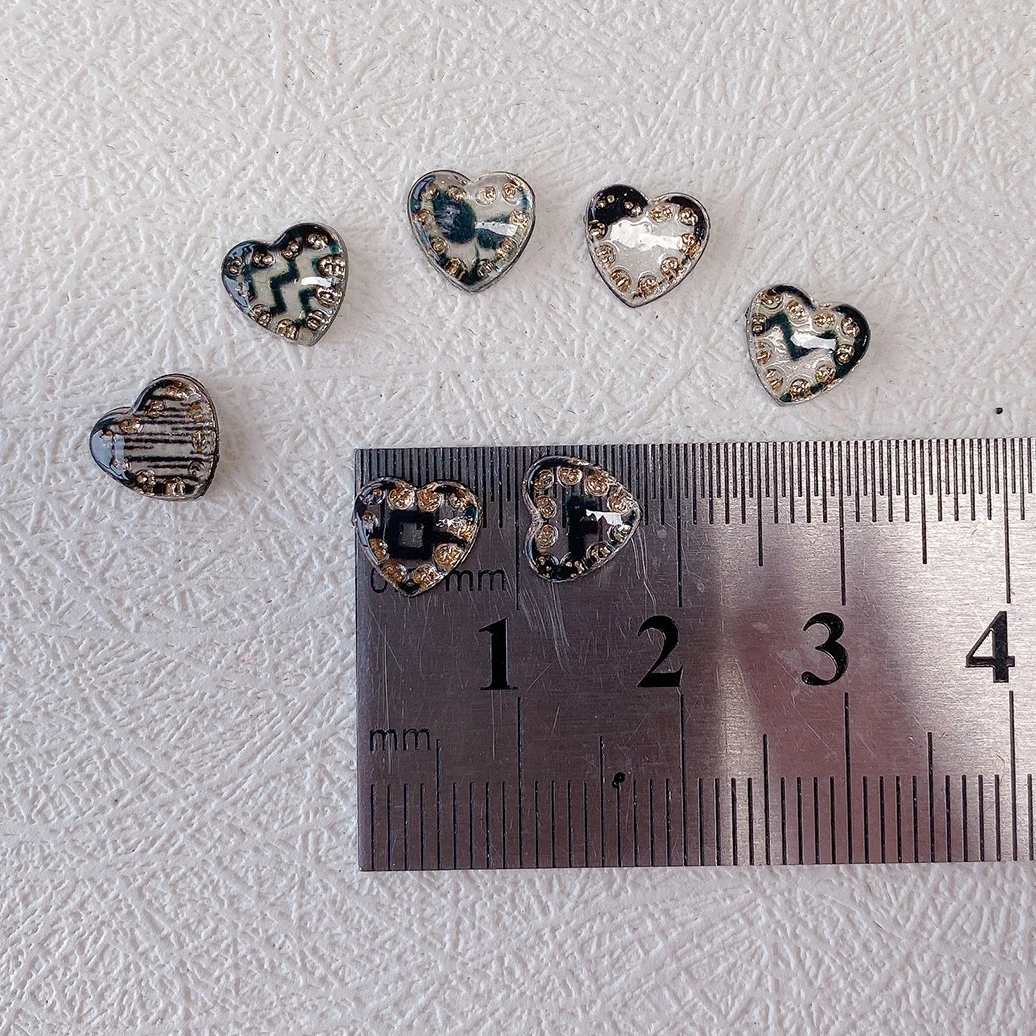 30PCS 8MM 3D Black Patterned Transparent Nail Art Heart Charms Flat Back Rhinestones Accessories For Nails Decoration Supplies 6