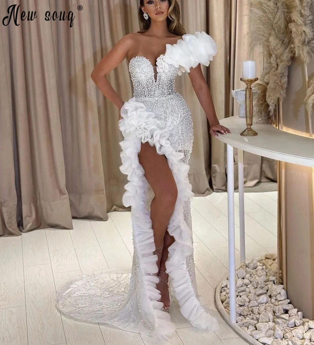 White Robe Soirée Female Luxury Full Pearls Formal Evening Dress Off Shoulder High Side Slit Vestido De Noiva Custom Made 2024