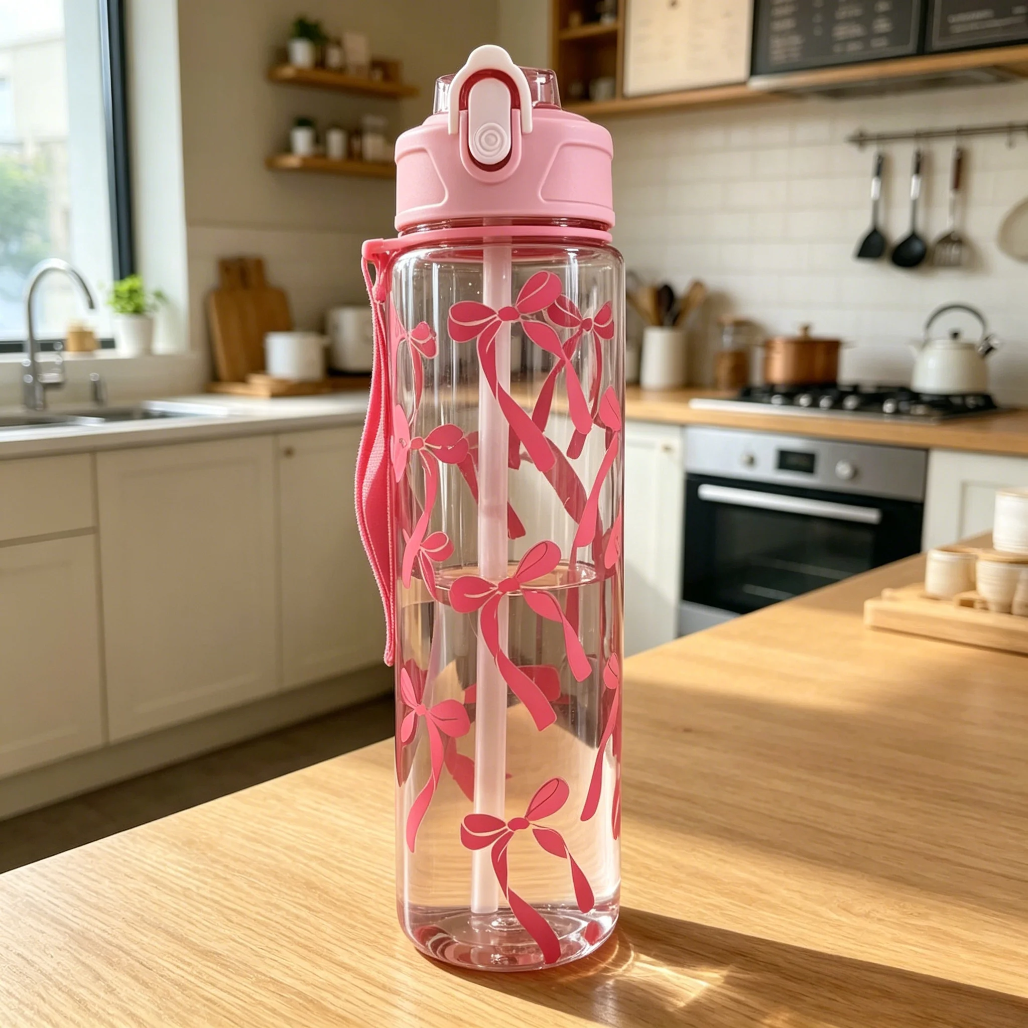 Water Bottle with Full Print of Flowers and Bowknot Patterns, Trendy & Stylish, Lightweight with Portable Lanyard, Durable