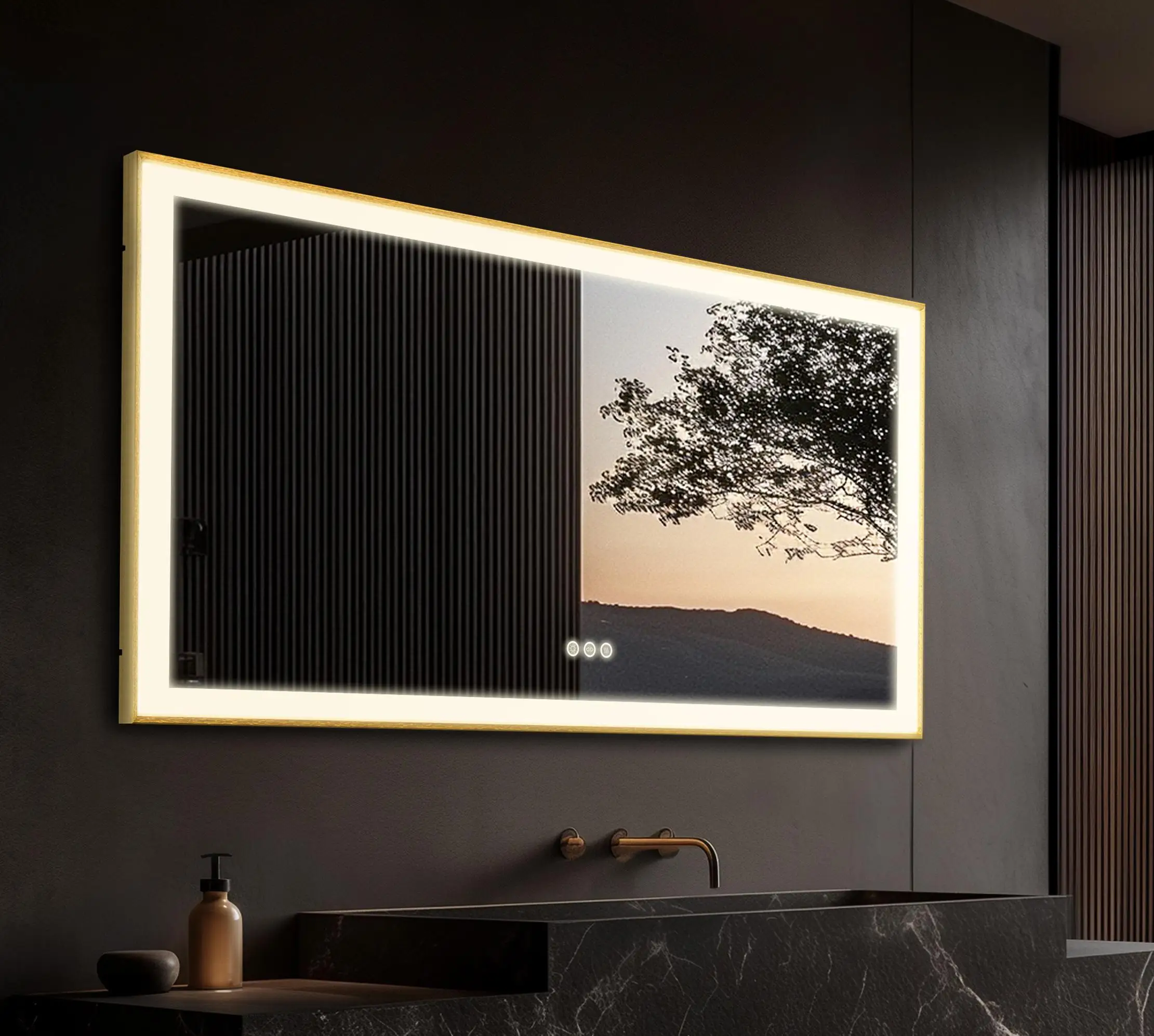 

Overlength 140/151/160CM Rectangle LED Bathroom Mirror Gold Aluminum Frame Vanity MIirror Touch Defogging