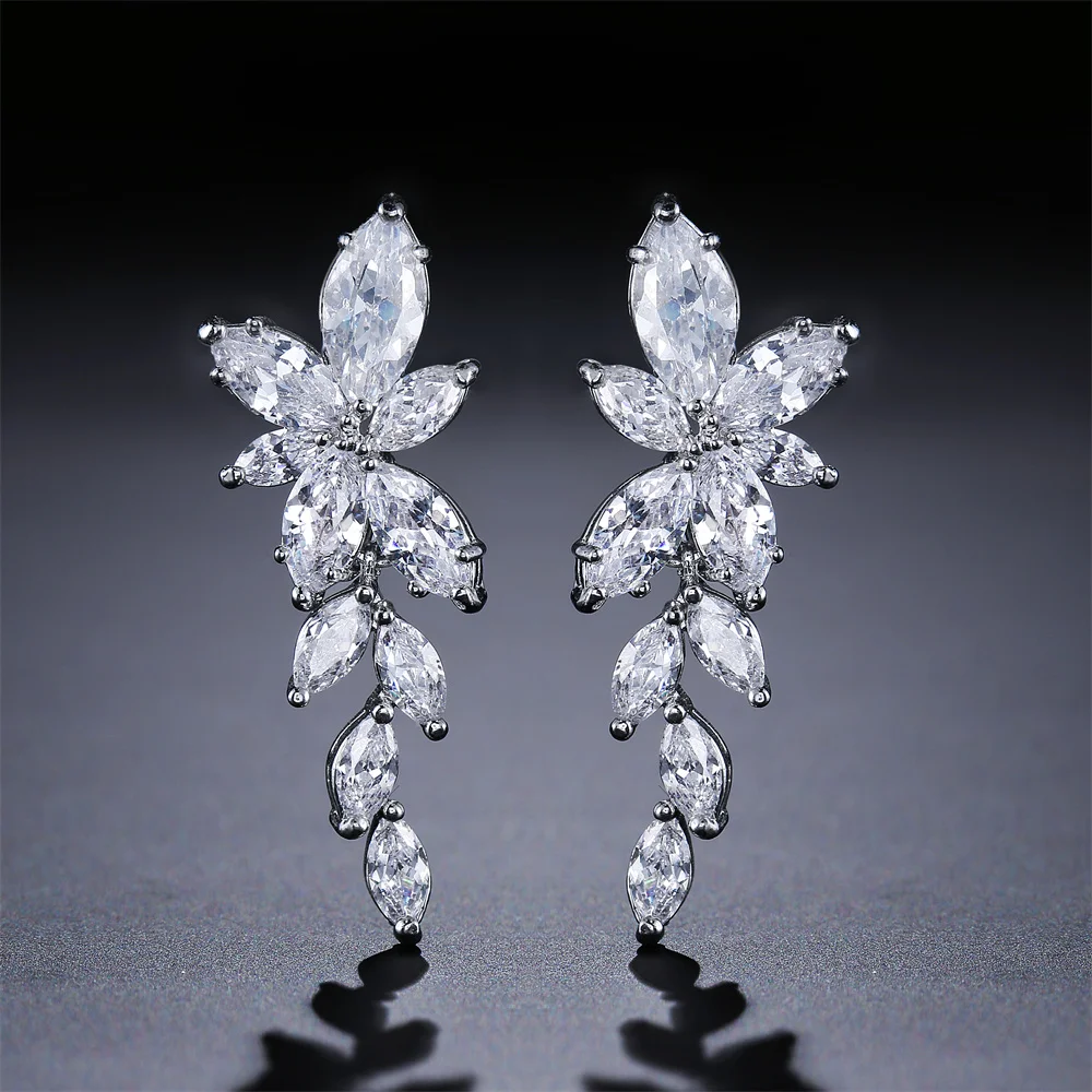 ZAKOL Fashion Leaf Zircon Drop Earrings for Women White Gold