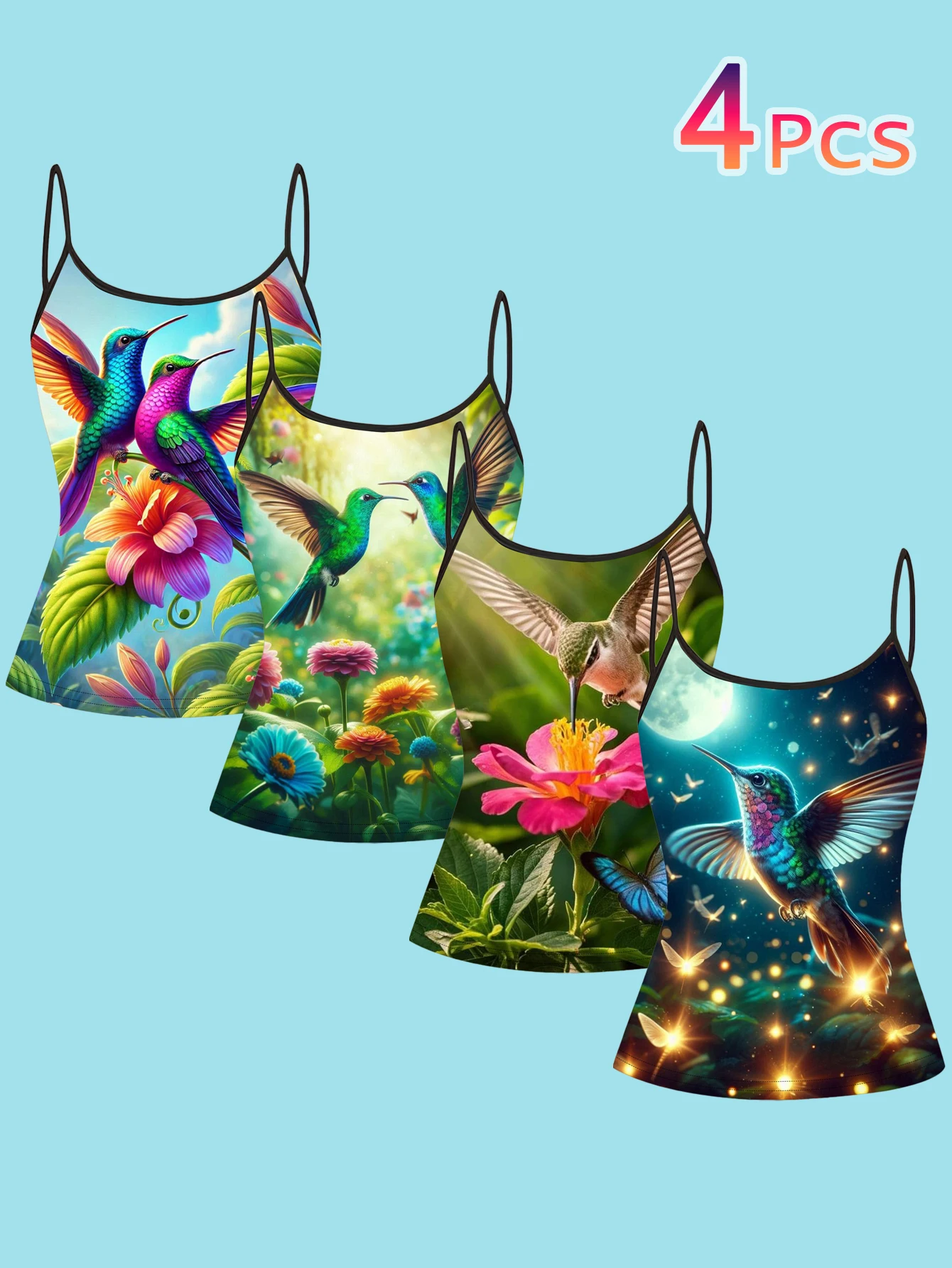 4-Piece Set of Colorful Hummingbird Floral Landscape Print Spaghetti Strap Camisole Tops for Women, Fresh and Slim-Fitting, Can Be Worn as an Inner Layer or Outerwear