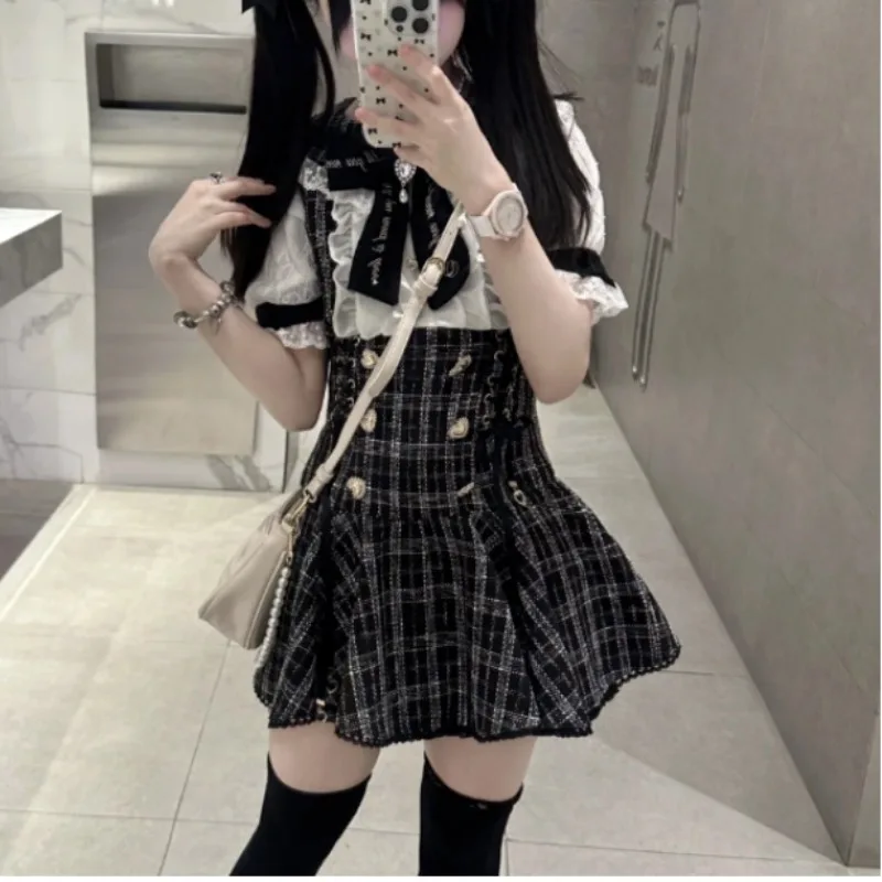 

Women Two Piece Set Plaid Skirt Outfit Sweet Girl Style Short Sleeve Bow Top High Waist Mini Pleated Skirt Slim Kawaii Uniform