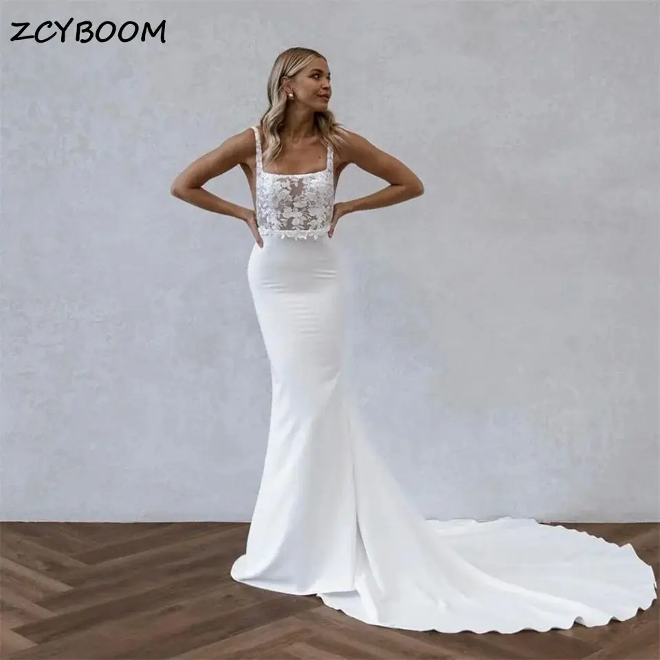 

Boho Sexy Strapless Square Neck Satin Lace Mermaid Wedding Dresses For Women 2024 Court Train Bridal Gowns Vestido De Noiva