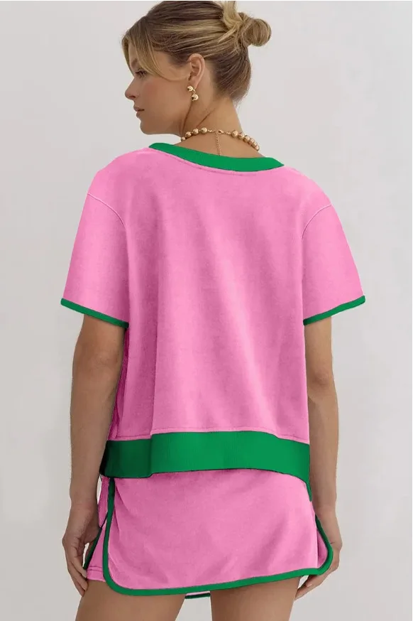 Vrouwen Zomer Korte Mouw Patchwork T-shirt Tops Tees Mini Rok Sport Bandage Rokken Vakantie Casual Pak Set Past Sets