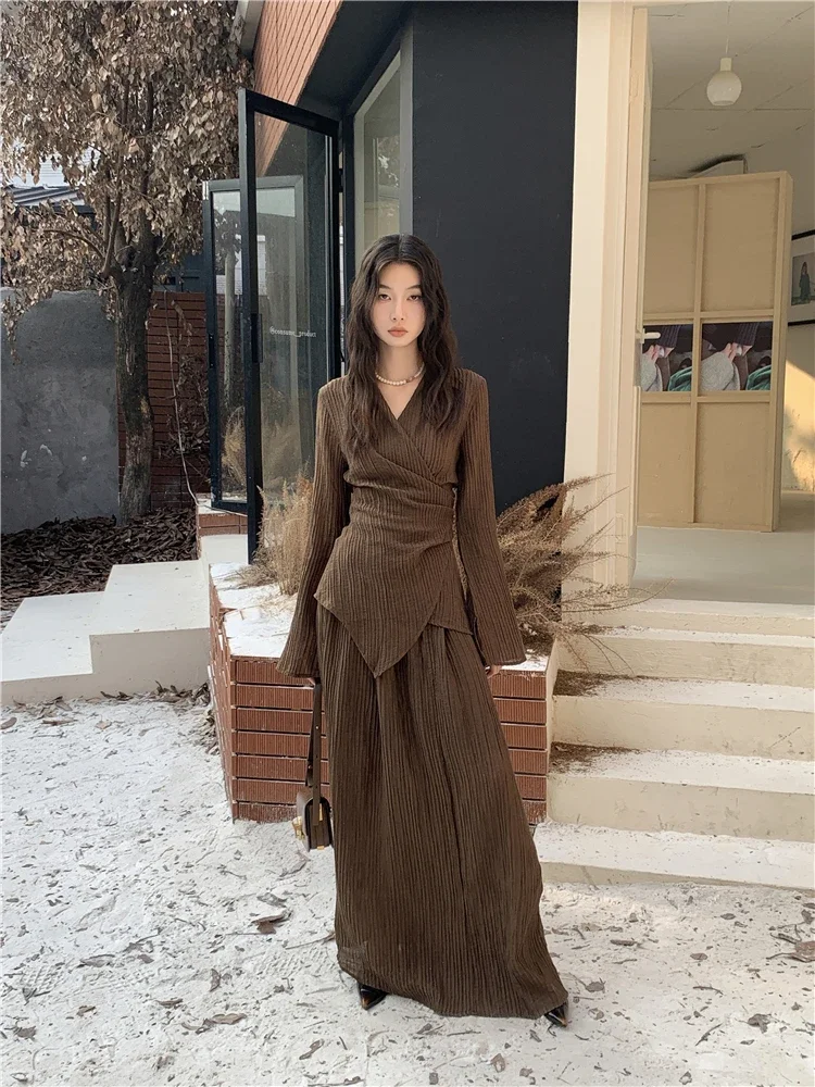 Brown Pleate Elegant 2 Piece Sets Women Outfit V Neck Long Sleeve Cardigan Top And Maxi Skirt Set Fall Clothes