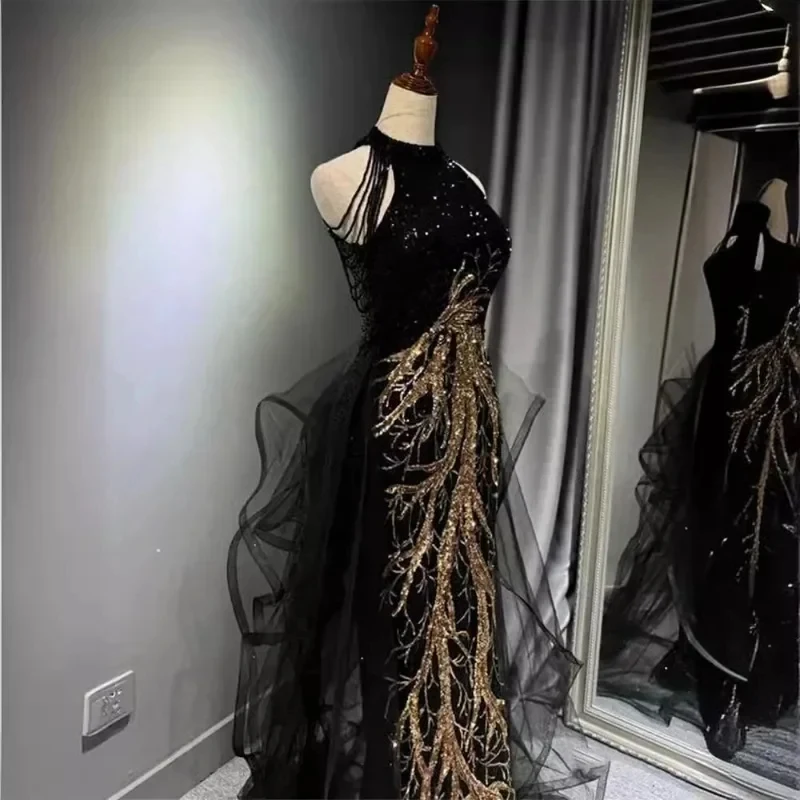 

★Halloween Cosplay Costume Evening Black Advanced Sense Slim Temperament Celebrity Host Neck Fishtail Ski 2026 New ♥Look Me ←_←