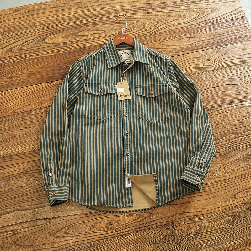 Retro Washed Distressed Blue Vertical Stripes Trendy Men's Loose American Long Sleeve Workwear Denim Shirt Jacket