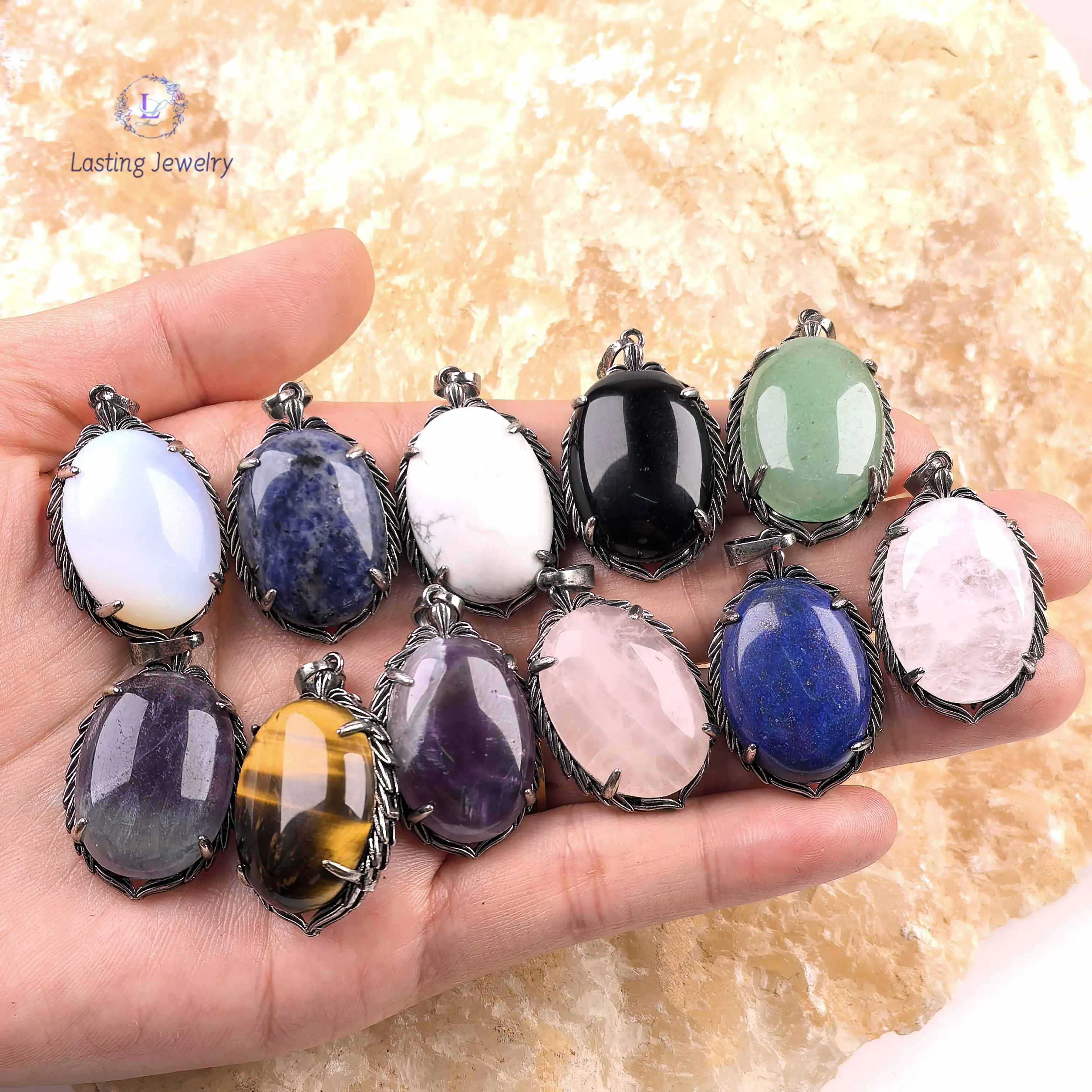 

Antique Silver Style Oval Cabochon Crystal Pendants,Healing Crystal Gemstone Fluorite Amethyst Charms Necklace Jewelry Making