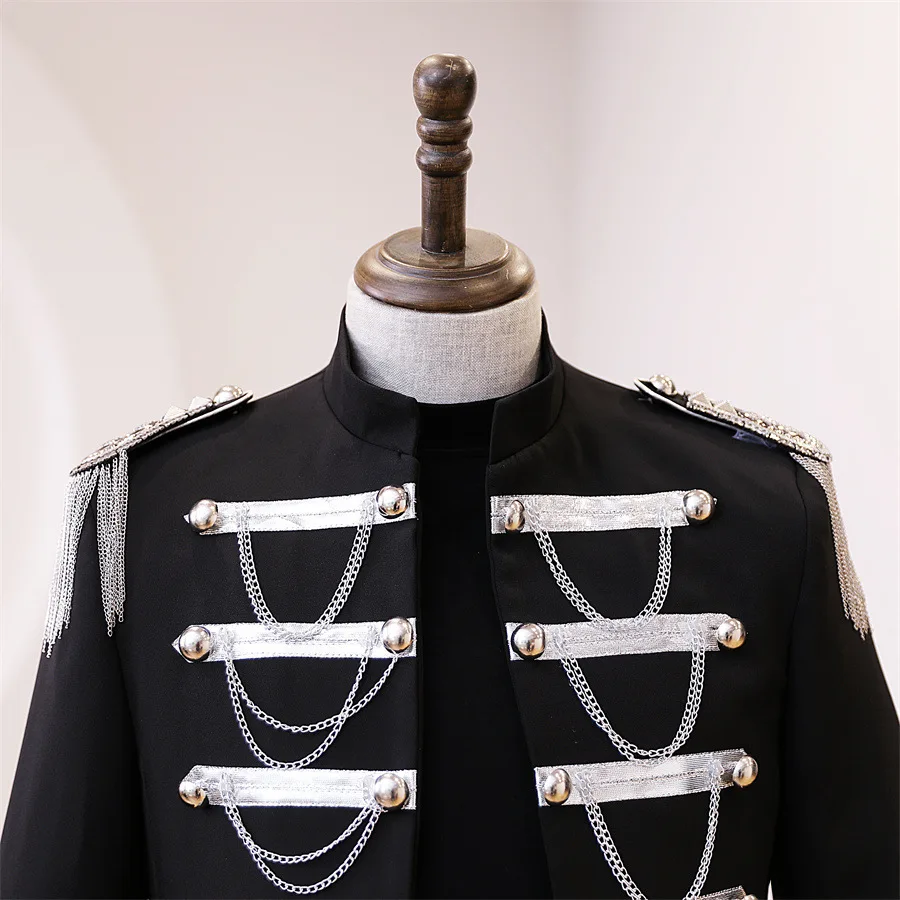 Men's Drummer Military Court Jacket Punk Style Double Breasted Stand Collar Metal Chains Tassel Slim Coat Bar Singer Outerwear