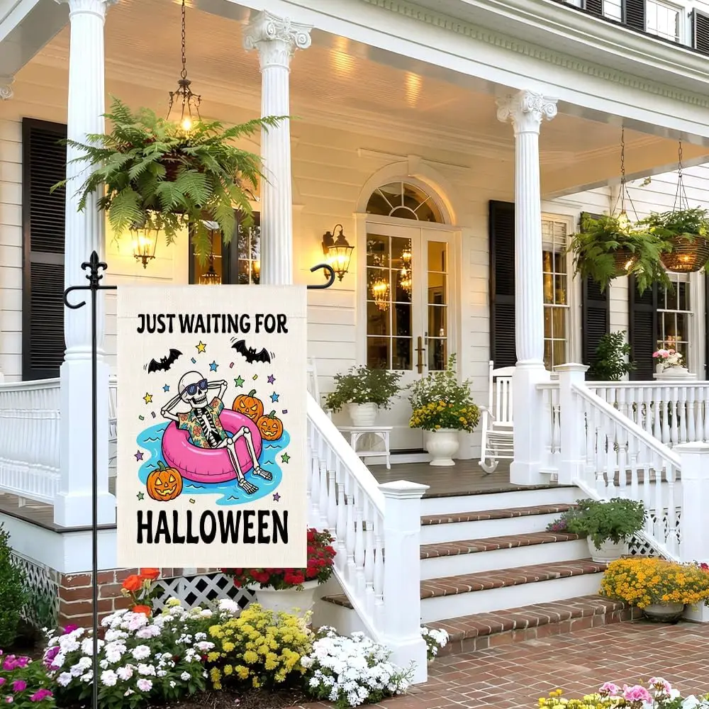 Just Waiting for Halloween Garden Flag, Funny Skeleton Pool Pumpkin Decor, 12 x 18 Inch Double Sided Spooky Autumn Yard Flag MMZ