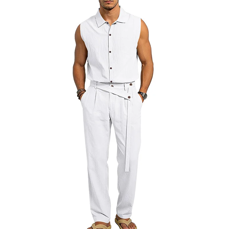 QICHE Men Linen 2 Piece Outfit Sleeveless Shirt Long Pants Breathable Casual Summer Set