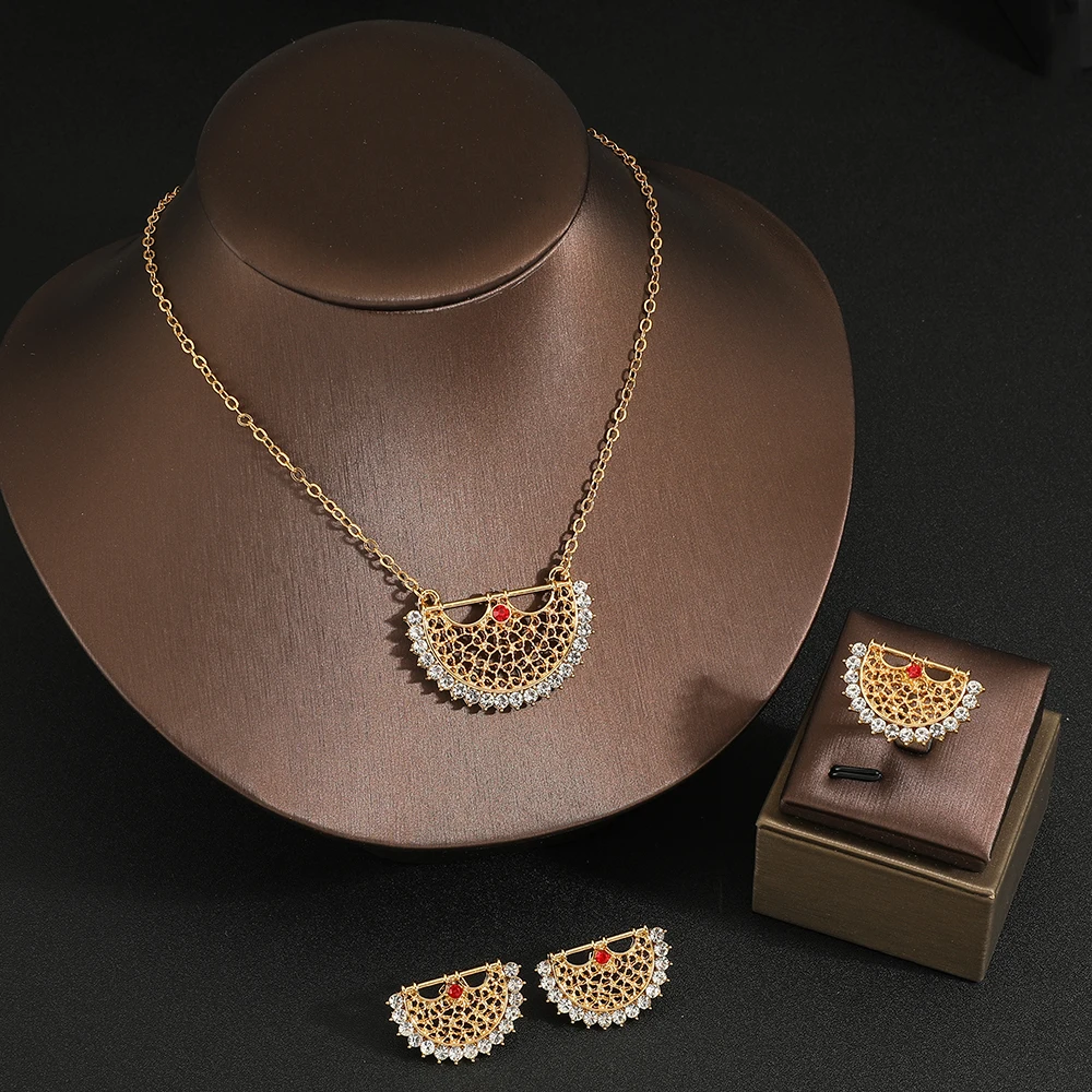 Hot Sale Sector-shaped geometric zircon Pendant necklace + earrings + ring Jewelry Set for Women Stainless Steel quality jewelry