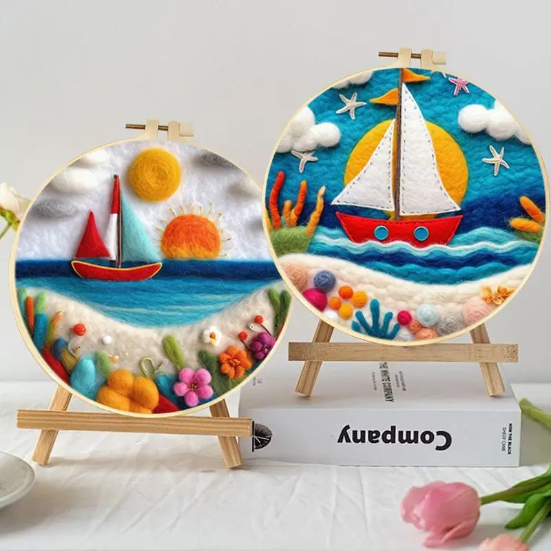 

Wool Felting Painting DIY Kit with Embroidery Hoop Frame Sailing scenery Needle Felting Painting Craft Set with Tools Decor