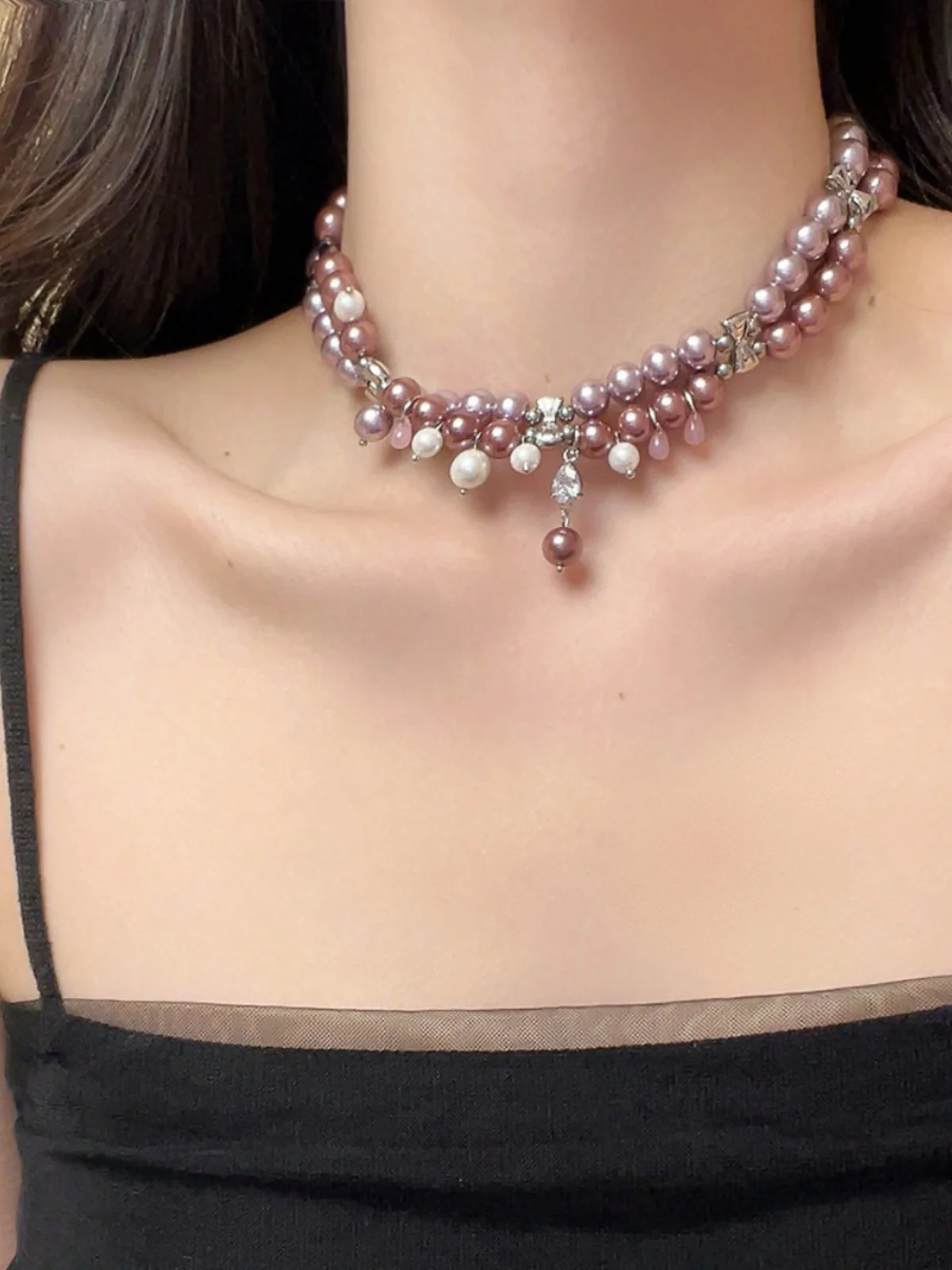 

2024 New Arrival Pink Purple Pearl Titanium Steel Choker Multilayer Collar Necklace Trendy Women's Locket Accessory