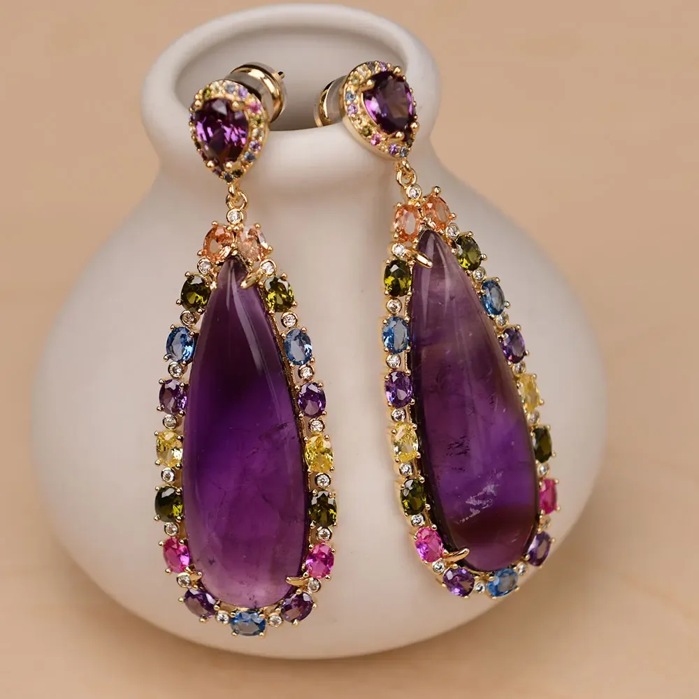 

Natural Purple Amethyst Teardrop Quartz Mix Color Crystal Paved Dangle Stud Earrings