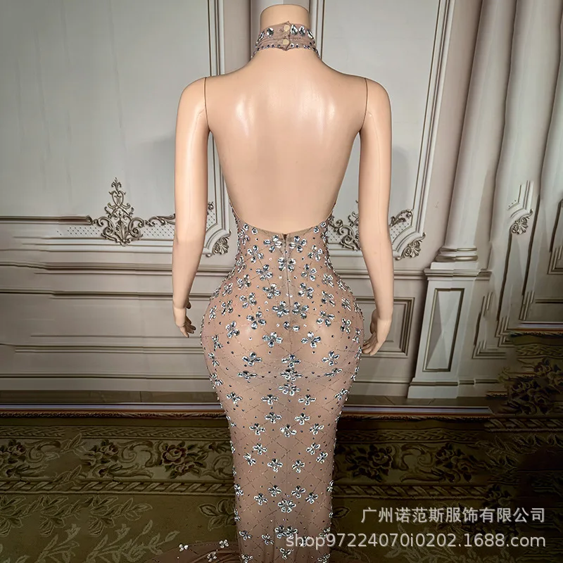 Autumn Mesh Perspective Diamond Fishtail Dress Sexy Nightclub Stage Performance Clothes Miss Universe Choose Beautiful Clothes