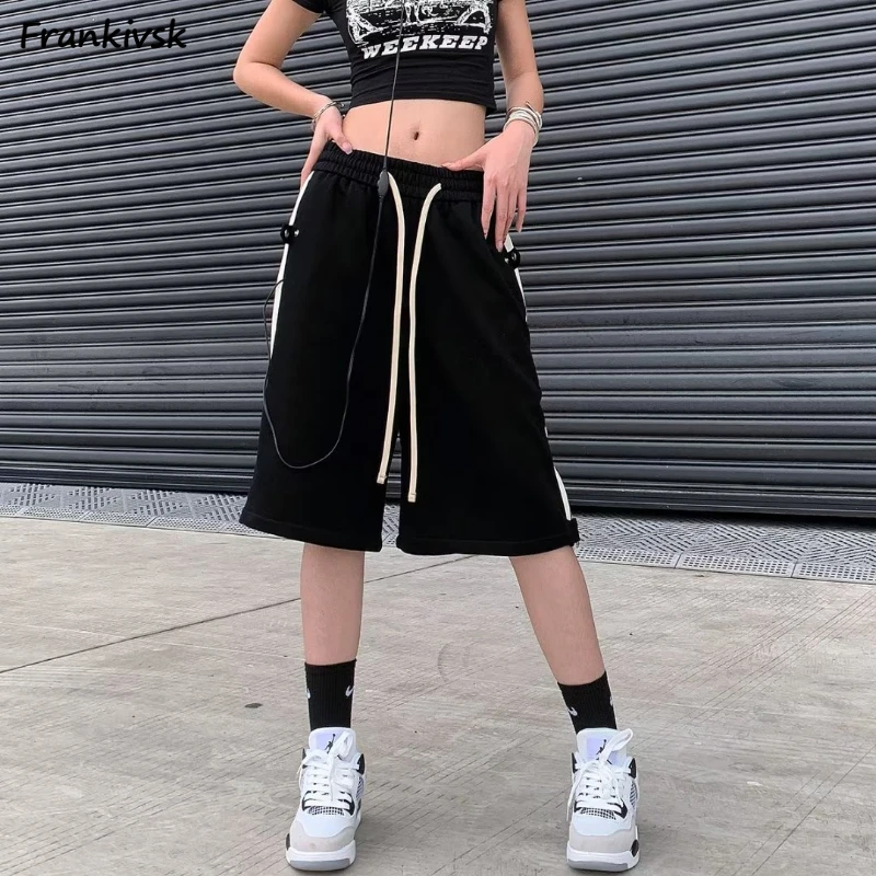 Wide Leg Pants Women Side Stripe Drawstring Japanese Style Loose Stylish Sporty Knee Length Trousers Normcore High Waist Summer