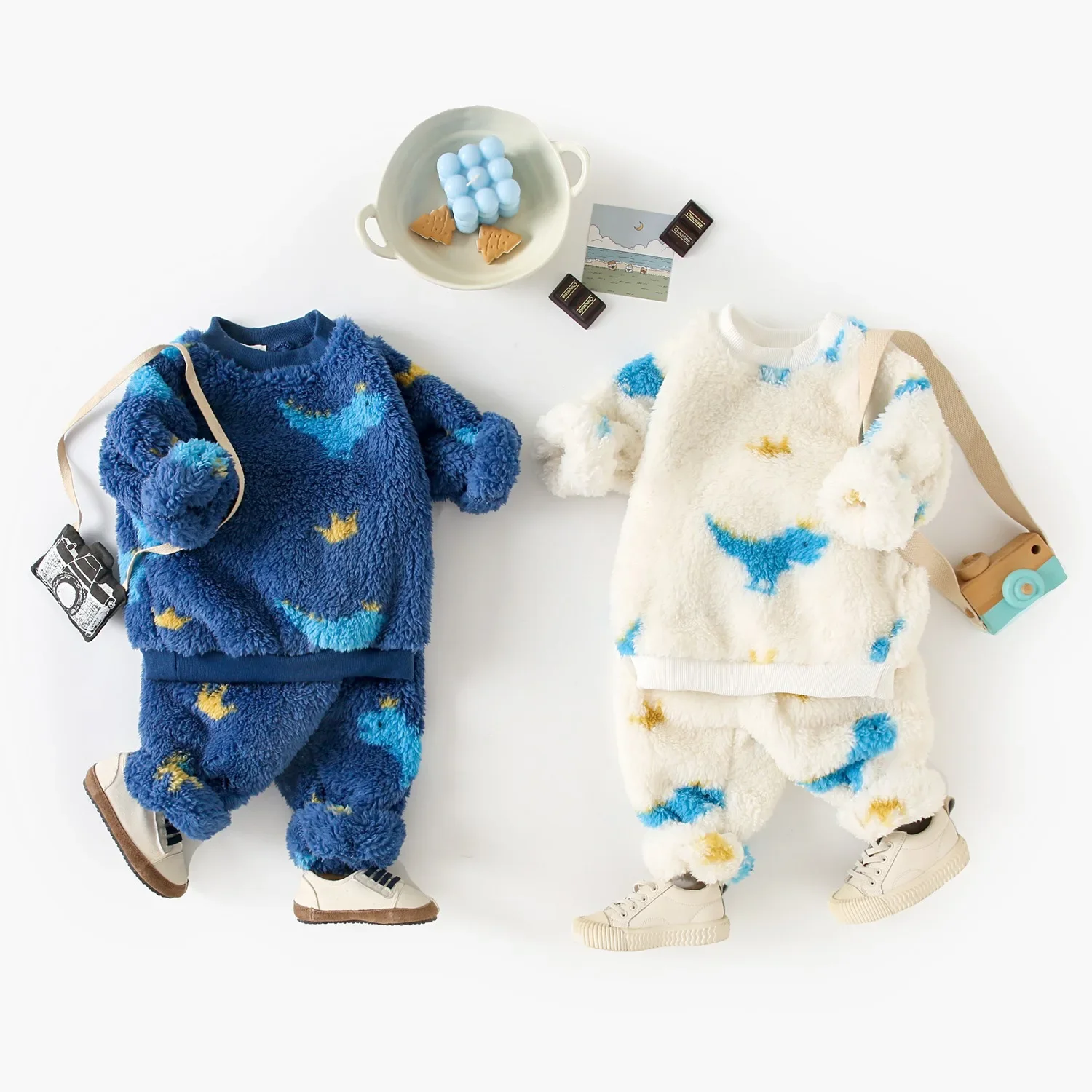 Plush Kids Loungewear Set Dinosaur Cartoon Print Baby Boy Home Winter Clothing Cozy 2Piece Outfit