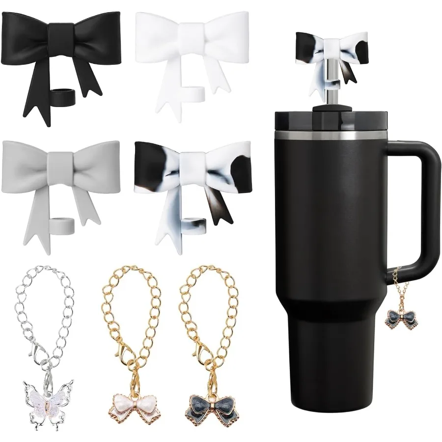 

4 шт., чашка для воды с бантиком, соломенные крышки, аксессуары для чашек, 3 милых подвески и 3 цепочки для чашек емкостью 40 унций и 30 унций, многоразовые силиконовые луки, ст.