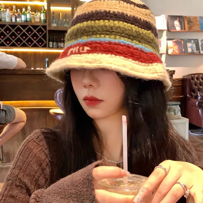 Japanese Knitted Fisherman Hats with For Women Trendy Spring and Autumn Windproof  Thread Handmade Head Wear Warm