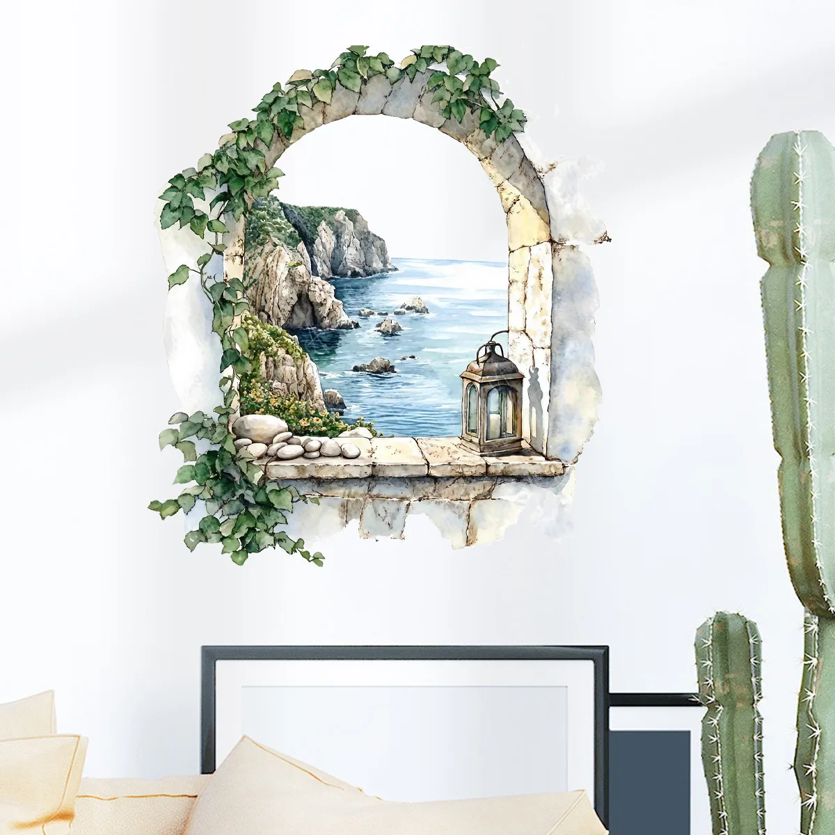 Plant Fake Window Wall Door Sticker Self-Adhesive Sea Scenery Living Room Bedroom Wall Decoration Painting