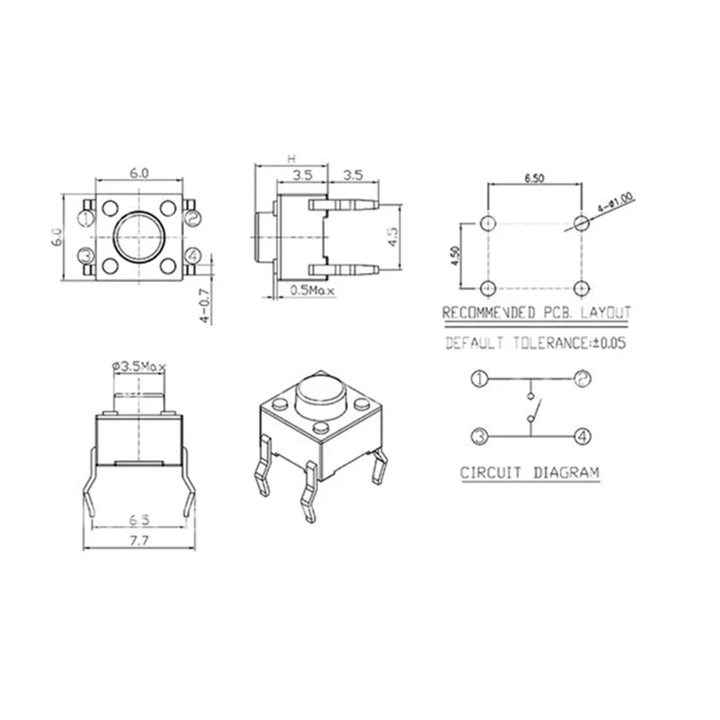 Interruptor de Botão Tátil Momentâneo, Micro Interruptor DIP, 6x6mm, 5mm, 7mm, 8mm, 9mm, 10mm, 13mm, 12V, 4Pin, 50Pcs