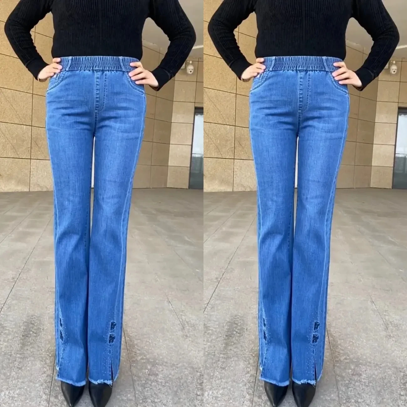 Jean Micro Évasé pour Femme, Pantalon en Denim Brodé, Grande Taille, Haute, Fendu, Nouvelle Collection Printemps Automne