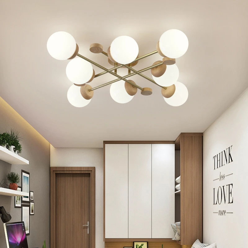 Wooden Molecular Lamp Milk White Glass Lampshade Nordic Modern Bedroom Living Room Decoration Board Chandeliers LED Light Luster