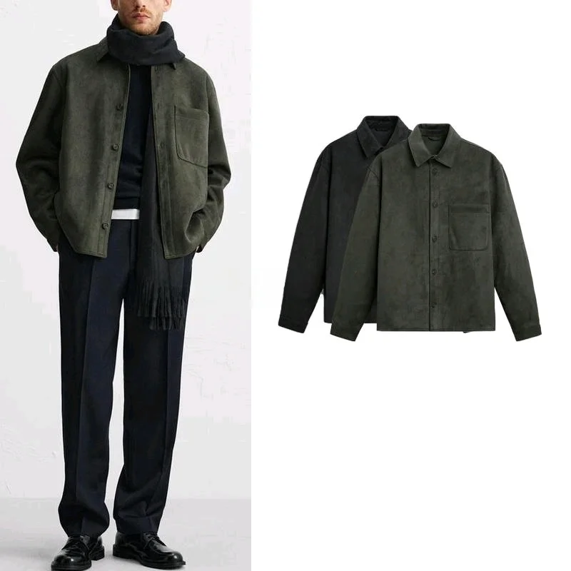 

Spring New Men's Loose Fit Velvet Texture irt Jaet Collared Outerwear Faionable Urban Sle Long Sve Single Button