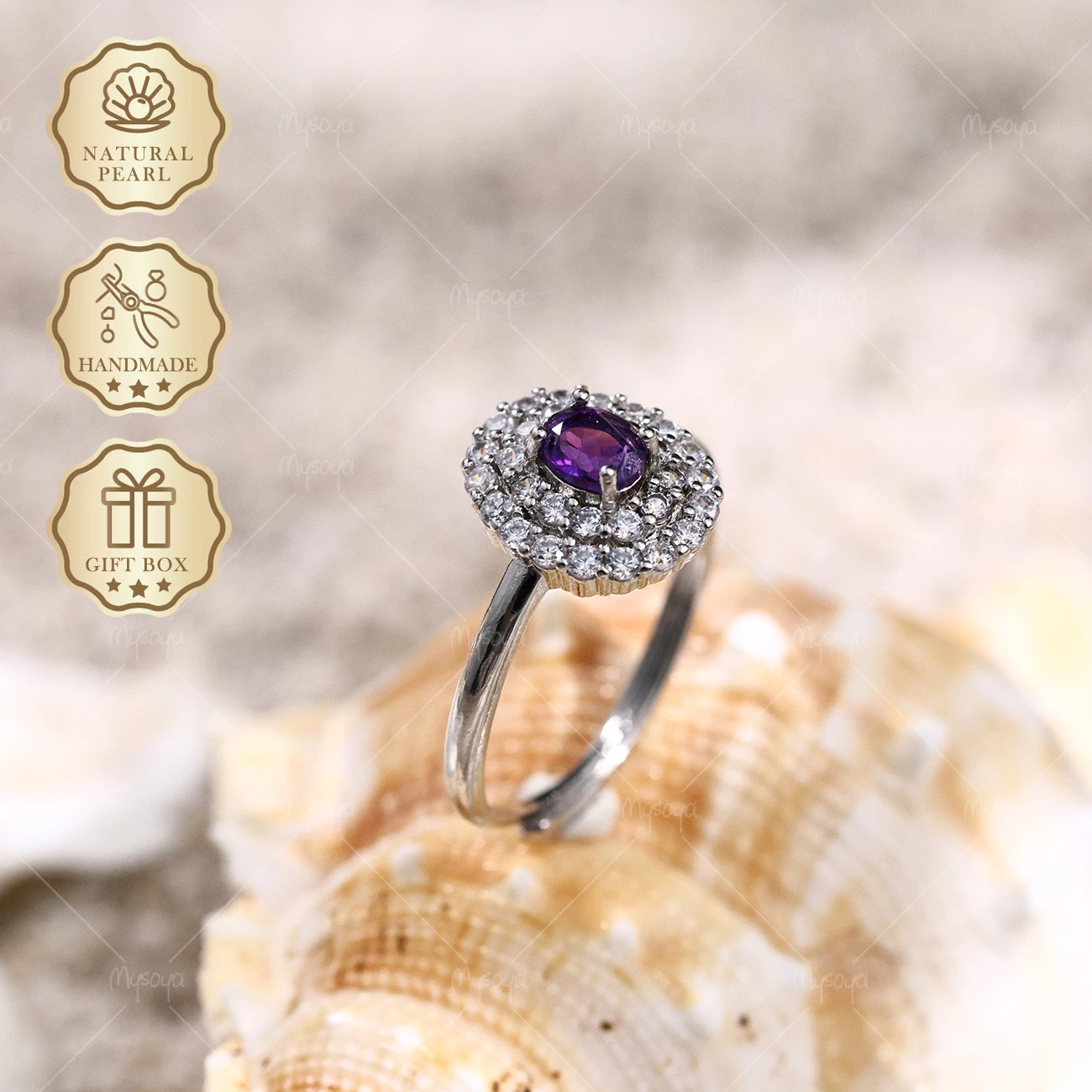 

Серебряное кольцо Mysoya с минималистичным дизайном, инкрустированное фианитами, натуральный аметист 4x5 мм, 0,32 карата, подарочная коробка, подарок на День святого Валентина или день рождения для нее