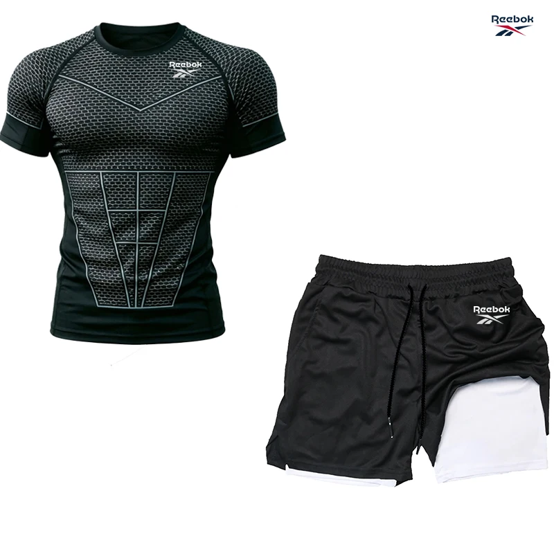 Reebok 2-in-1 Shorts with Compression T-Shirt - Men's Sports Set - Quick-Dry Running Sportswear - Fitness Training Collection