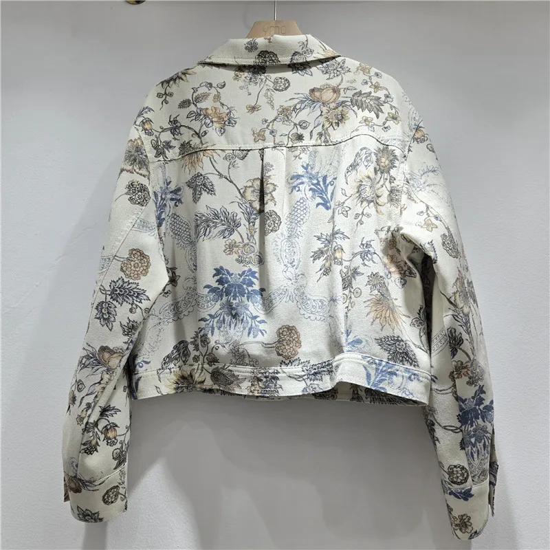 Spring Autumn Casual Korean Vintage Flower Print Apricot Short Denim Jacket Women Lapel Single-Breasted Long Sleeve Jeans Jacket