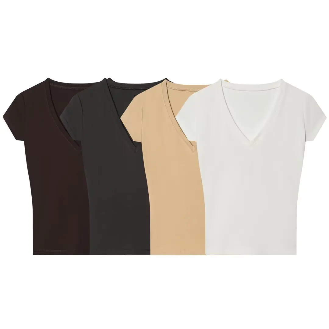 2026 spring and summer new women's hot girl style slim retro short-sleeved slim simple right shoulder V-neck T-shirt