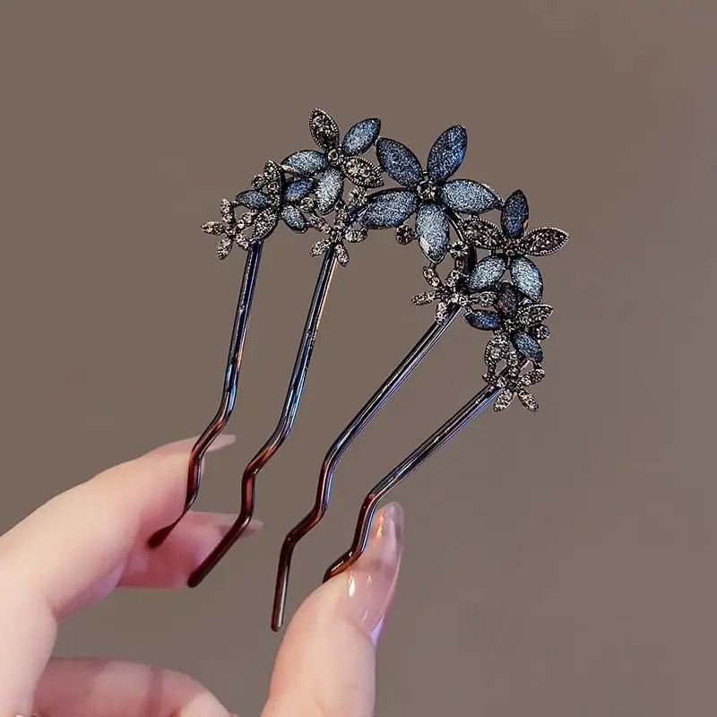 

[Y]1Pcs Elegant Pearl Flower Hair Combs Pins French Retro Bun Hair Accessor Women Daily U-shaped Hairpin Female Alloy Hair Clasp