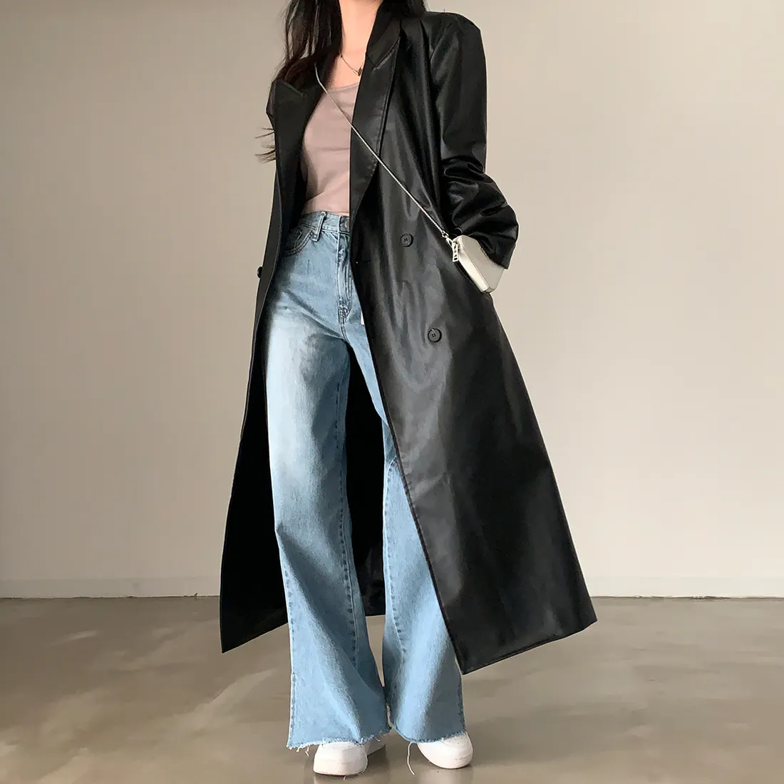 Korean Style Long PU Leather Jacket Double Breasted Lapel over Knee Shape Loose Motorcycle Coat Women's Commute Fashion