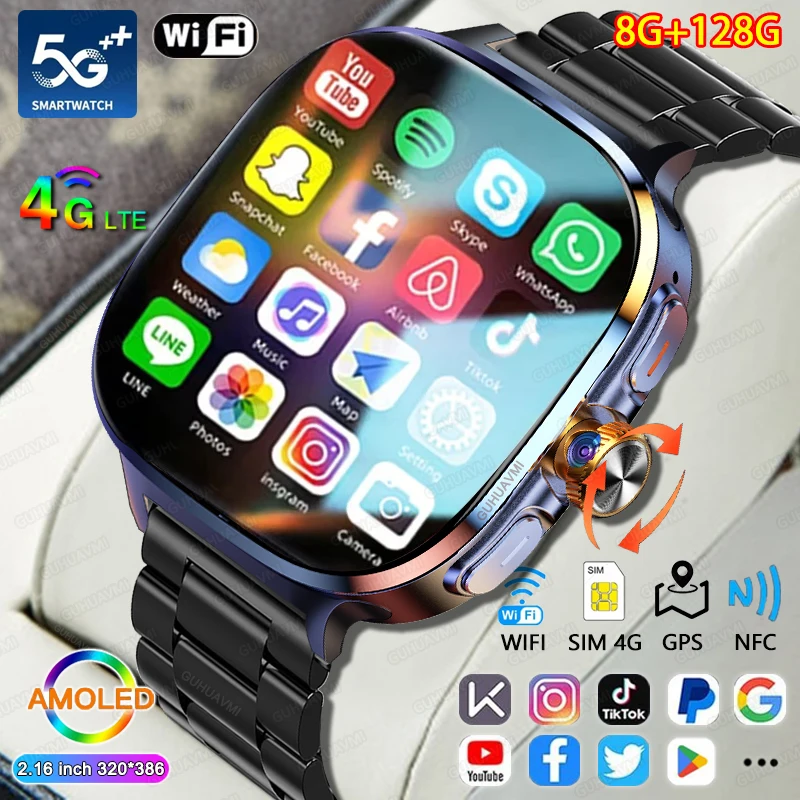 New 4G 5G Full Netcom Smartwatch 2.4 inch Amoled Screen Insert Sim Card GPS WIFI 190° Rotating Camera Game Android Smart Watch