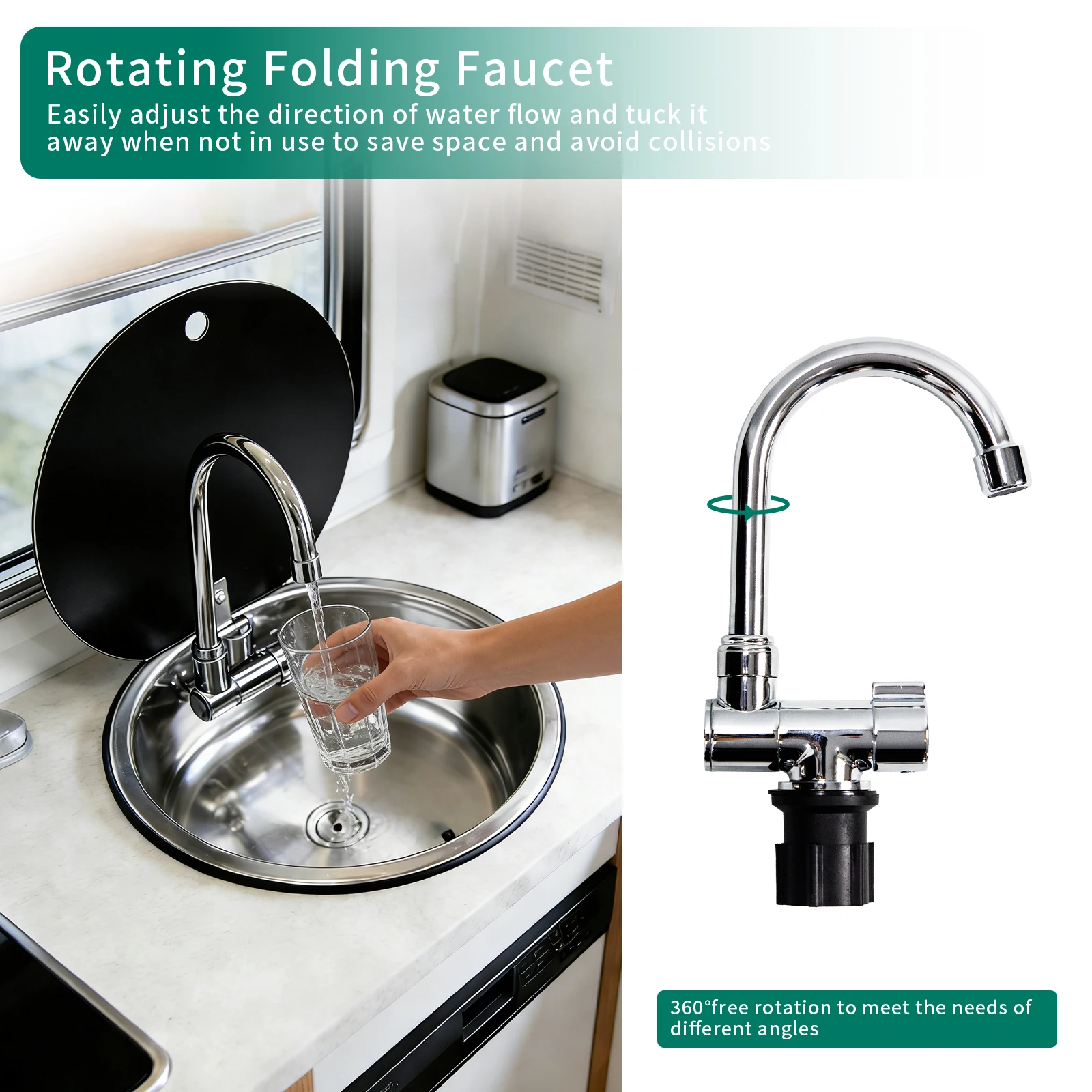 RV Sink With Faucet for Caravan Stainless Steel Hand Wash Basin Round Sink with Tempered Glass Lid Camper Accessories