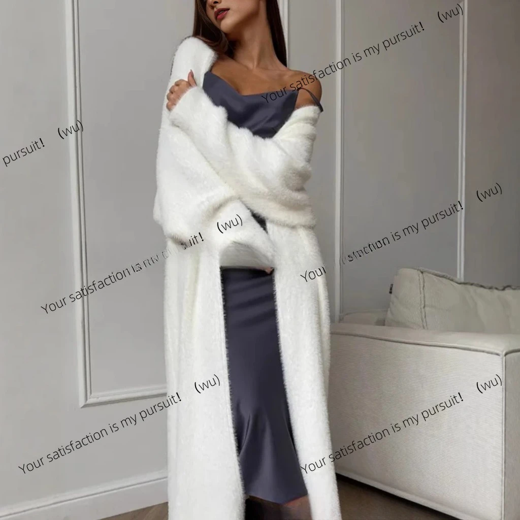 

Белый вязаный свитер из искусственной норки, кардиган, пальто, женский осенне-зимний свободный плюшевый пушистый длинный кардиган